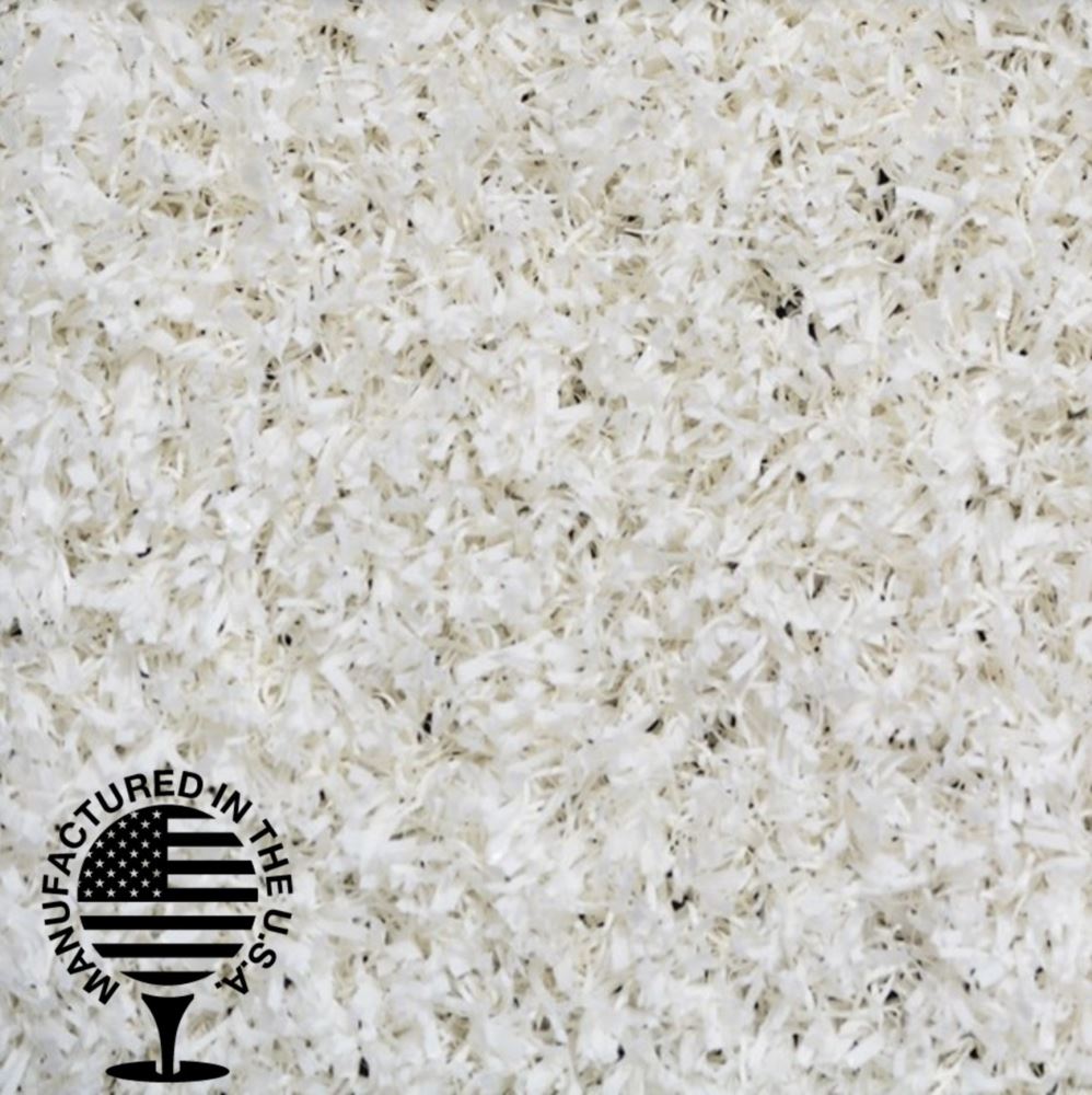 Premium white artificial grass turf, manufactured in the USA, featuring durable fibers ideal for playgrounds, rooftop spaces, and custom landscape designs.